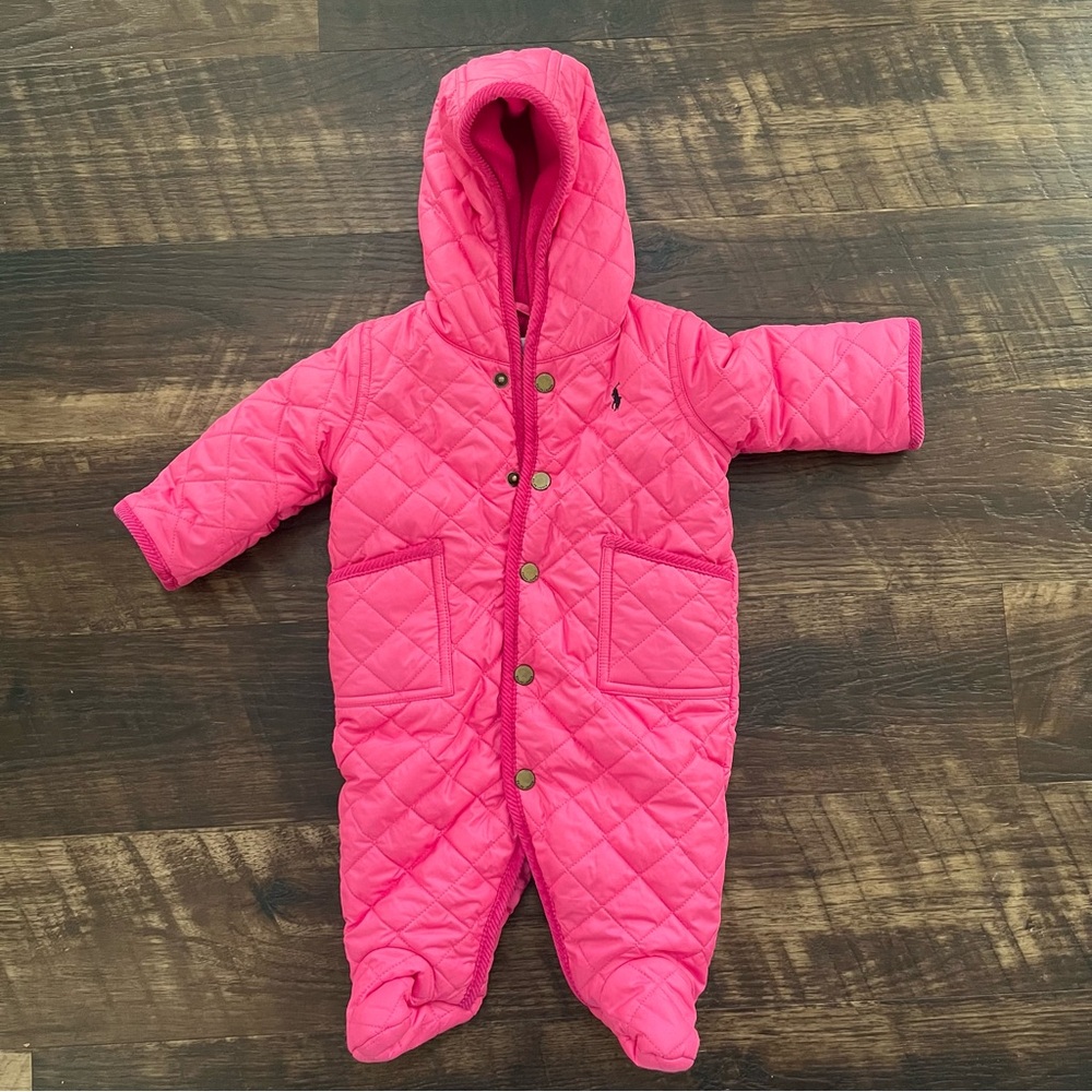 Ralph Lauren pink quilted fleece lined bunting footed snowsuit one piece 3M read